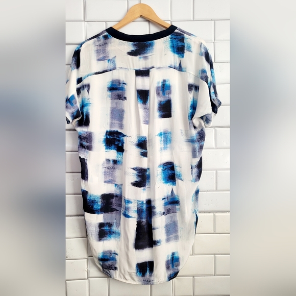 Leo & Sage Ladies Cream Black Blue Abstract Print 100% Silk Blouse Tunic Short S - Picture 3 of 5